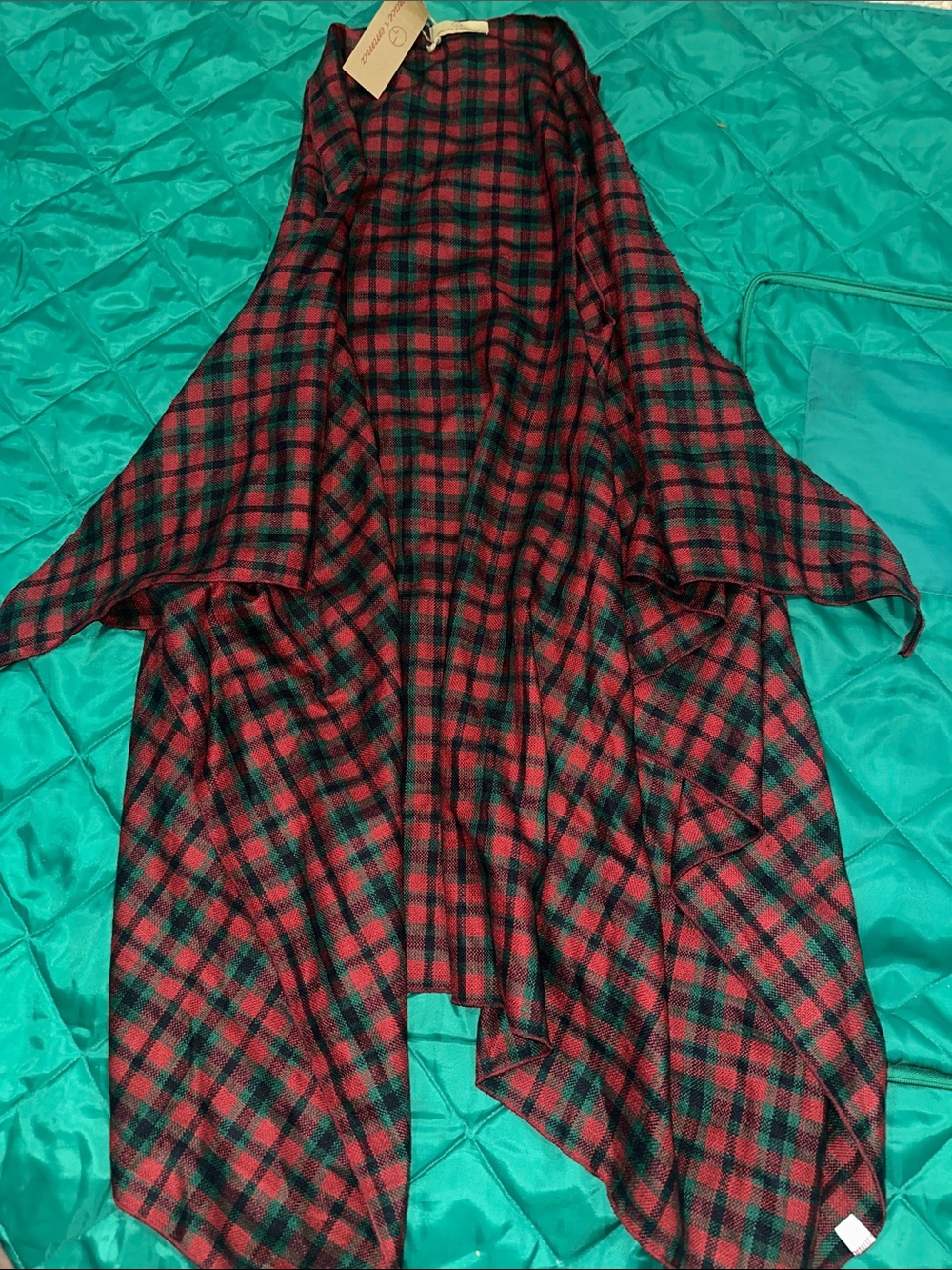 Plaid Red & Green Open Front vest/wrap